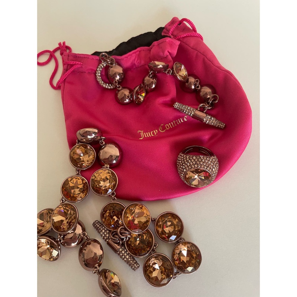 Juicy Couture  Rose Gold Brulee Jewel Gem Crystal Necklace Braclet Ring Set